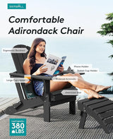 SERWALL HDPE Folding Adirondack Chair with Dual Cup Holder - Composite Adirondack Chair Set of 4- Black - Photo 3