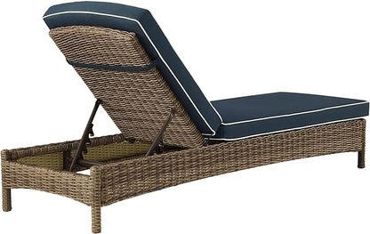Crosley Furniture Bradenton Reclining Wicker Outdoor Chaise Lounge Chair for Patio, Deck, Backyard, Poolside, Brown with Navy Cushions