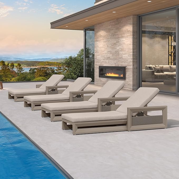 PURPLE LEAF Outdoor Chaise Lounge Set of 4 Reclining 2 in 1 Design Lounger Chair with Cushion Deluxe Aluminum Oversize Pool Lounge Chairs with Armrests & Backrest for Patio Poolside Backyard, Khaki