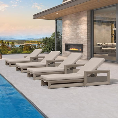 PURPLE LEAF Outdoor Chaise Lounge Set of 4 Reclining 2 in 1 Design Lounger Chair with Cushion Deluxe Aluminum Oversize Pool Lounge Chairs with Armrests & Backrest for Patio Poolside Backyard, Khaki