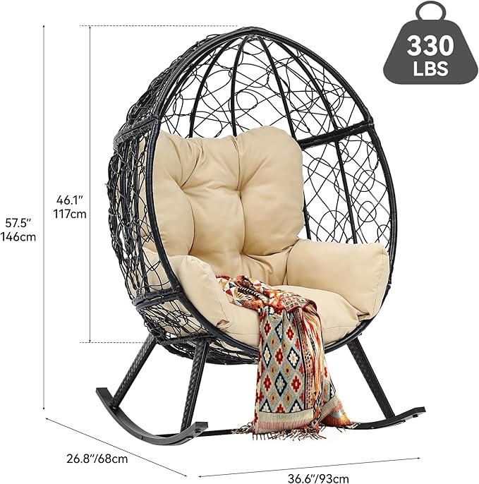 YITAHOME Outdoor Rocking Egg Chair with Cushioned Comfort, Wicker Patio Rocker 250lb Capacity, Anti-Slip, All-Weather Resilient Rattan Design for Indoor & Outdoor Relaxation Spaces, Beige