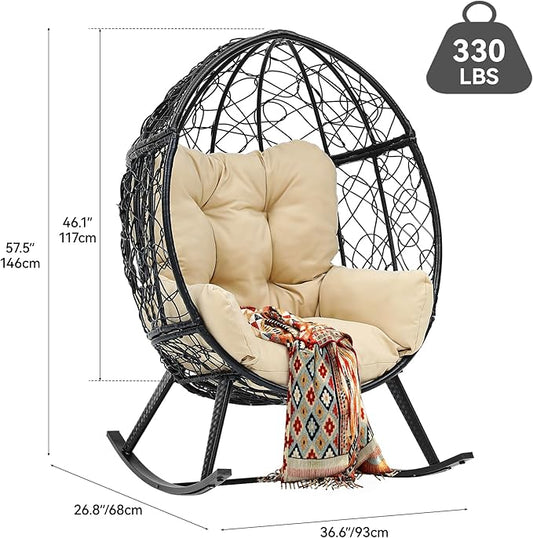 YITAHOME Outdoor Rocking Egg Chair with Cushioned Comfort, Wicker Patio Rocker 250lb Capacity, Anti-Slip, All-Weather Resilient Rattan Design for Indoor & Outdoor Relaxation Spaces, Beige