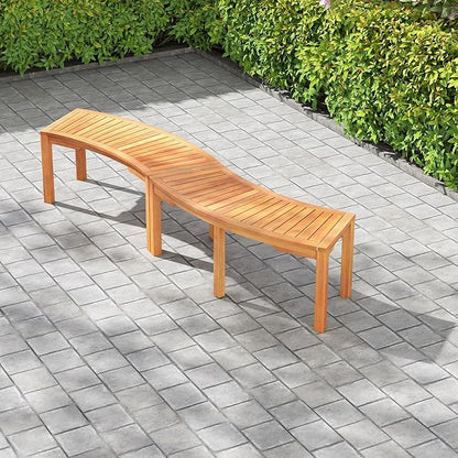 Moccha Outdoor Curved Bench, Acacia Wood Fire Pit Bench w/Slatted Seat, Loveseat, Outside Chair, Patio Backless 2-Person Seating for Balcony Yard Deck Porch 800 LBS Max Load (2, Natural)