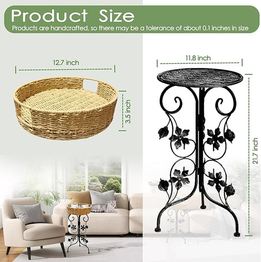 Outdoor Metal Patio Folding Side Table with Removable Wicker Tray, Boho Woven Rattan Plant Stand, Small Round Coffee end Table (Seagrass, Black)