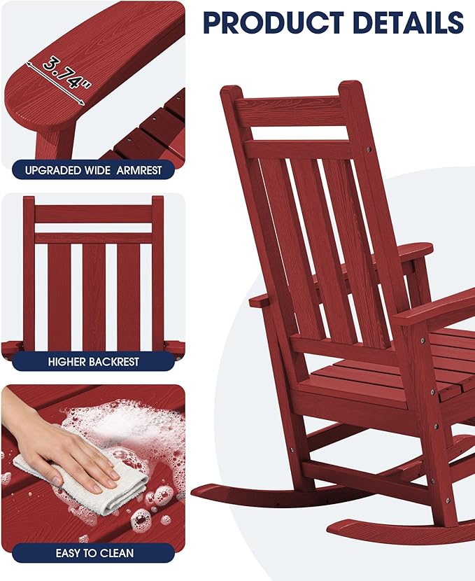 KINGYES Oversized Outdoor Rocking Chair Set of 2, All-Weather Patio Rocking Chairs for Porch, HDPE Outdoor Patio Rockers with High Back & Wide Seat for Garden, Lawn, Red