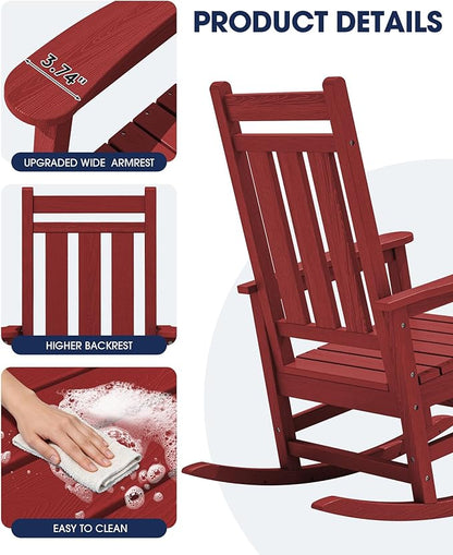 KINGYES Oversized Outdoor Rocking Chair Set of 4, All-Weather Patio Rocking Chairs for Porch, HDPE Outdoor Patio Rockers with High Back & Wide Seat for Garden, Lawn, Red