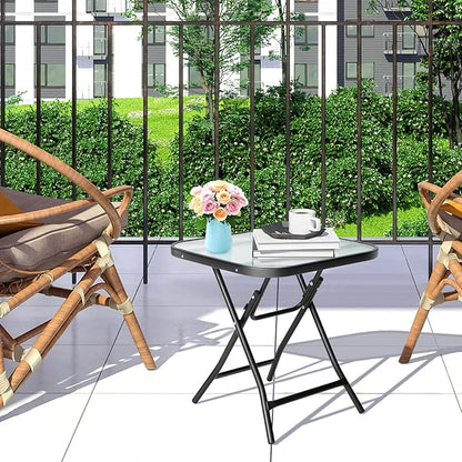 Giantex Folding Side Table, Square Small Patio Table, Tempered Glass Tabletop, Steel Frame, Weather-Resistant Outdoor Indoor Use for Bistro Porch Garden Balcony 18"x18"x18.5"
