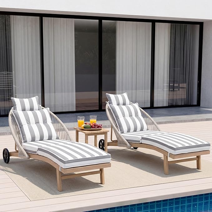 Lounge Chair Outdoor Set of 2 Chaise Lounger, Rope Lounge Chair Patio Chairs with Cushion & Backrest, Outdoor Chaise Lounges for Backyard, Poolside, Patio, Garden, Stripe