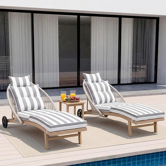 Lounge Chair Outdoor Set of 2 Chaise Lounger, Rope Lounge Chair Patio Chairs with Cushion & Backrest, Outdoor Chaise Lounges for Backyard, Poolside, Patio, Garden, Stripe