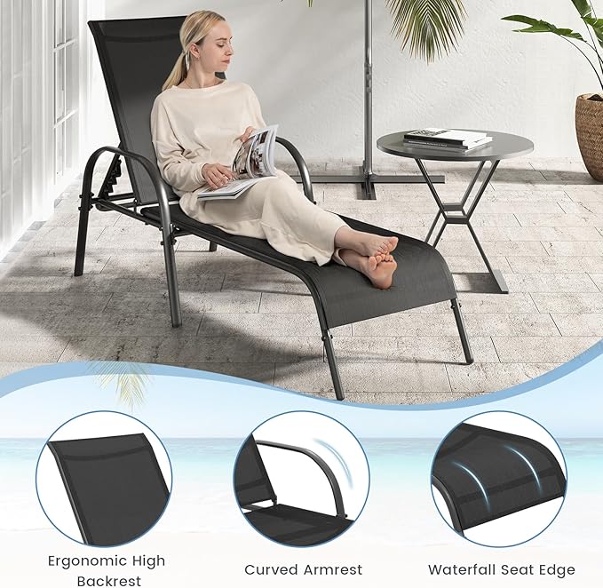 Nightcore Chaise Lounge Chair Outdoor, Pool Chair with 5 Adjustable Backrest, Patio Lounge Chairs with Breathable Fabric, Comfortable Armrest, Chaise Lounge for Patio, Pool, Bench (1, Black)