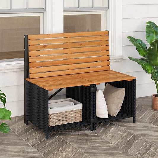HAPPYGRILL 2-in-1 Outdoor Storage Bench Convertible Picnic Table and Chairs Set with Metal Frame, Acacia Wood Rattan Patio Loveseat for Garden, Backyard, Porch, Deck