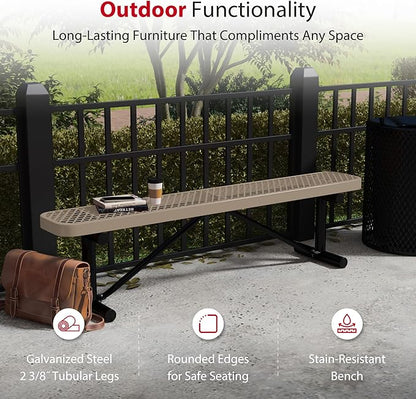 Leisure Craft Metal Outdoor Bench - 6 Foot Heavy Duty Backless Bench Seating for Garden, Porch, Picnic, Park, Expanded Metal, Thermoplastic Coating, Commercial Grade Furniture Made in USA - Beige