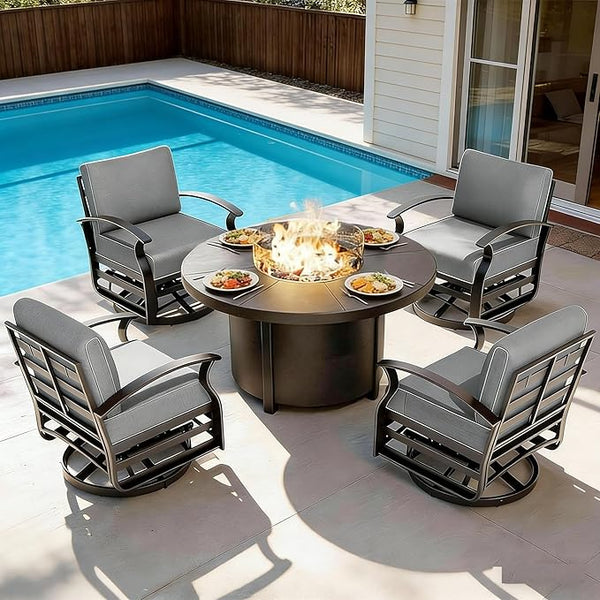 Gotland 5 Piece Patio Set, Aluminum Outdoor Swivel Chairs Set with 48’’ Round Fire Pit 5.1’’ High-Resilience Seat - Photo 1