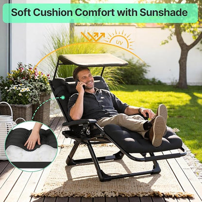 Suteck Zero Gravity Chair with Canopy, Reclining Camping Lounge Chair w/Removable Cushion, Upgraded Lock and Cup Holder, Reclining Patio Chairs Folding Recliner for Indoor and Outdoor