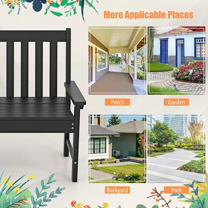 Giantex Outdoor Bench, 52-Inch Outside Bench All-Weather HDPE Park Bench with Backrest and Armrests, 705 lbs Weight Capacity, 2-Person Slatted Patio Bench for Porch, Yard, Lawn, Garden Bench (Black)