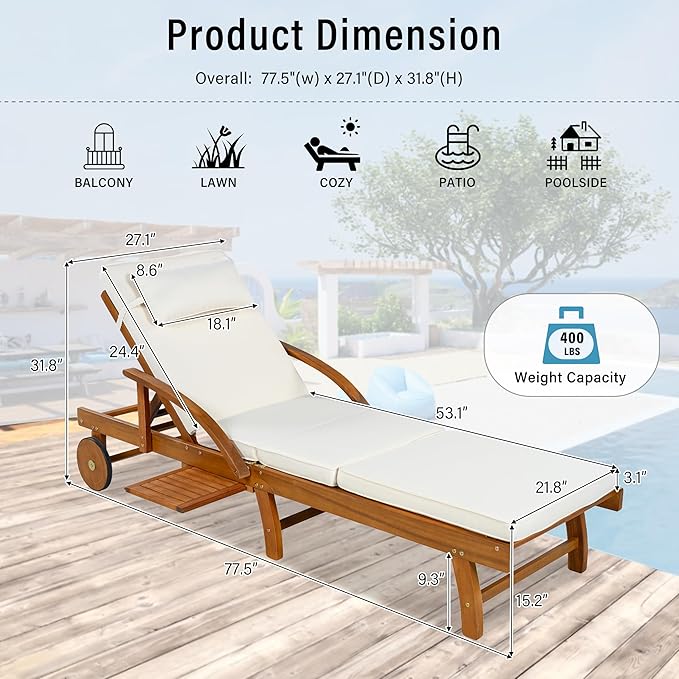 Acacia Wood Outdoor Patio Chaise Lounge, All Weather Reclining Lounge Chairs with Adjustable Backrest& Leg Rest, 2 Wheels, Headrest, Retractable Side Tray for Poolside Garden Beach (Beige-3.17)