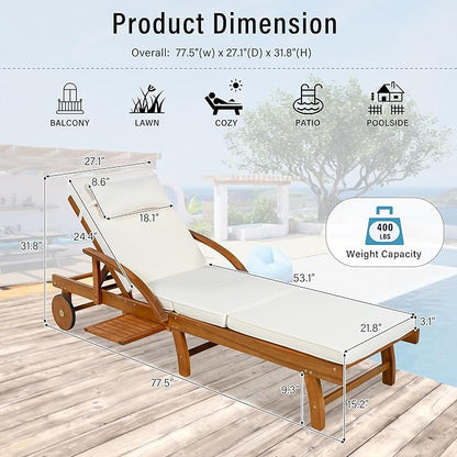 LUMISOL 77.5” Acacia Wood Chaise Lounge Chair, Patio Outdoor Chaise Lounge with Cushions, Adjustable Backrest, Leg Rest, Headrest, Retractable Side Tray for Patio, Pool, Garden, Beige