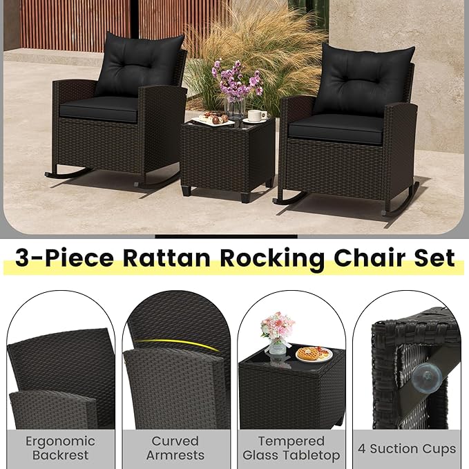Tangkula 3 Piece Wicker Rocking Set, Patio Rattan Roker Chairs with Tempered Glass Table & Soft Cushions, Outdoor Furniture Set for Backyard, Poolside Porch (Black)