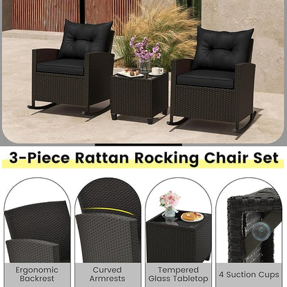 Tangkula 3 Piece Wicker Rocking Set, Patio Rattan Roker Chairs with Tempered Glass Table & Soft Cushions, Outdoor Furniture Set for Backyard, Poolside Porch (Black)