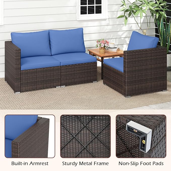 Tangkula 3 Seat Outdoor Wicker Sofa Set, Modular PE Rattan Patio Cushioned Sectional Couch Set, Outside Furniture Set for Deck, Backyard, Porch, Garden & Poolside (Brown-Navy)