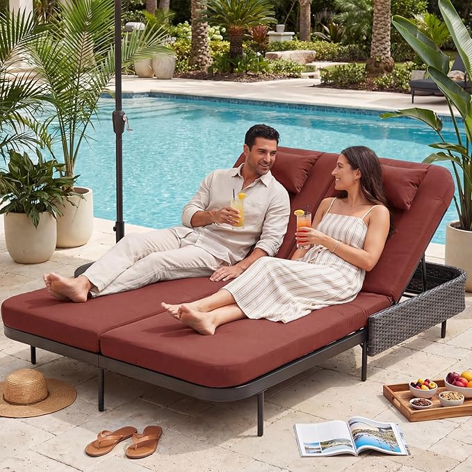 RADIATA 51.2" Outdoor Loveseat Sofa Bed, PE Wicker Patio Daybed with 2-Person Double Chaise Lounge, Independent 5-Position Adjustable Backrest, All-Weather Poolside Furniture
