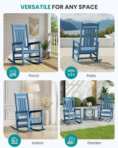 SERWALL Oversized Outdoor Rocking Chair, All-Weather Patio Rocking Chair, HDPE Porch Rocker for Adults, Blue