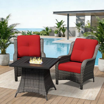 3 Pieces Outdoor Wicker Patio Furniture Set with Fire Pit Table, Patio Chair Set with Thickened Olefin Cushions, High Back and Deep Seating, Hand-Woven PE Rattan for Porch, Deck