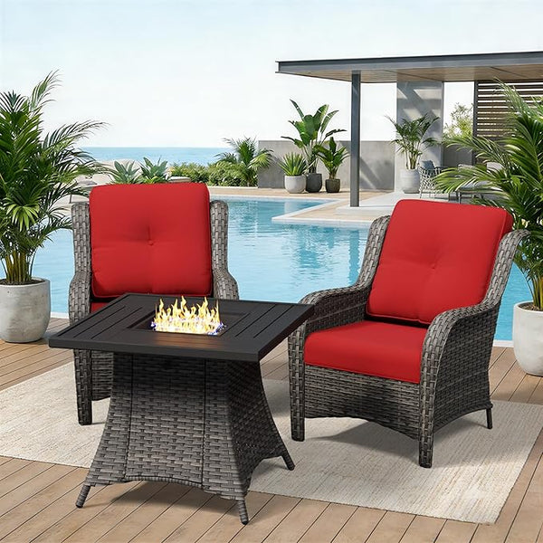 3 Pieces Outdoor Wicker Patio Furniture Set with Fire Pit Table, Patio Chair Set with Thickened Olefin Cushions - Photo 1