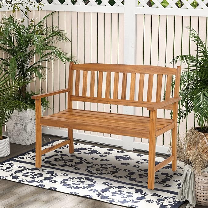 Wooden Garden Bench, Outdoor Bench Acacia Wood with Slatted Seat, Comfy Backrest & Armrest, 2-Person Loveseat Patio Bench for Porch Balcony Backyard Park, 800 LBS Max Load (43” x 22" x 34")