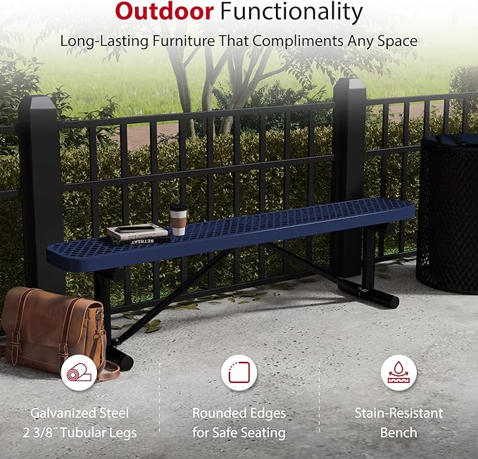 Leisure Craft Metal Outdoor Bench - 6 Foot Heavy Duty Backless Bench Seating for Garden, Porch, Picnic, Park, Expanded Metal, Thermoplastic Coating, Commercial Grade Furniture Made in USA - Navy