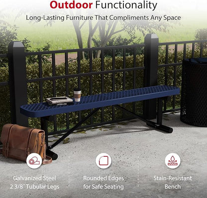 Leisure Craft Metal Outdoor Bench - 6 Foot Heavy Duty Backless Bench Seating for Garden, Porch, Picnic, Park, Expanded Metal, Thermoplastic Coating, Commercial Grade Furniture Made in USA - Navy