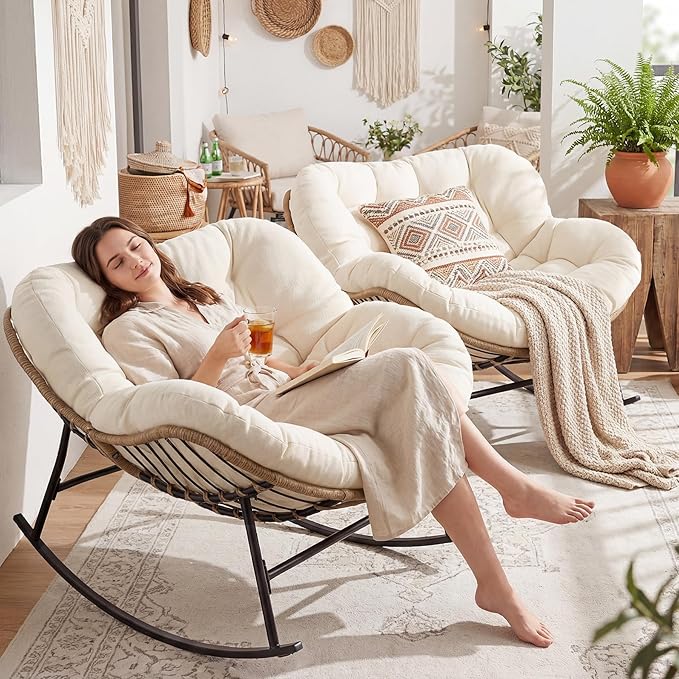 NICESOUL Outdoor Rocking Papasan Chair Set of 2 with Cushions, Comfy Oversized Padded Rockers - Photo 4