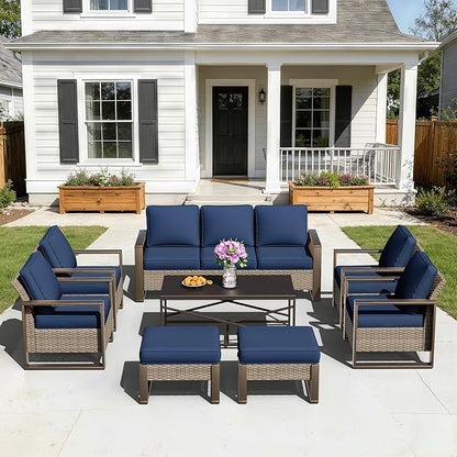 8 Pieces Metal Wicker Patio Furniture Set - 75" Sofa, Four Armchairs and Two Ottomans, One Coffee Table All Weather Rattan Outdoor Conversation Furniture with Washable Cushion for Deck, Dark Blue