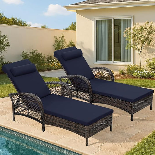 HOMEDIARY 2-Piece Outdoor Wicker Lounge Chairs with Cushion, Rattan Patio Chaise Loungers with 6-Level Backrest, All Weather Lay Flat Pool Sunbathing Recliner Chair, Armrest and Head Pillow, Navy Blue