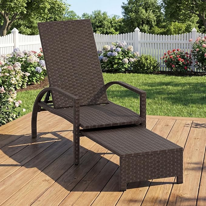Tangkula Lounge Chair Outdoor with Retractable Ottoman, Patio Rattan Chaise Lounge with 6-Level Adjustable Backrest - Photo 2