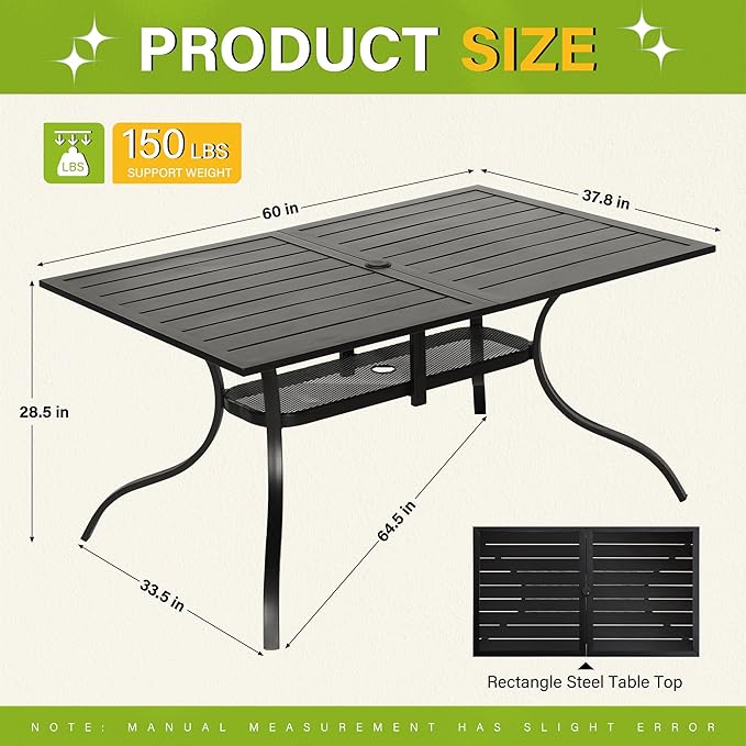 Oakcloud 60"x37" Patio Dining Table, Outdoor Metal Rectangular Table Patio Furniture Classic Black Table with 1.57" Umbrella Hole, for Garden Backyard Poolside Deck