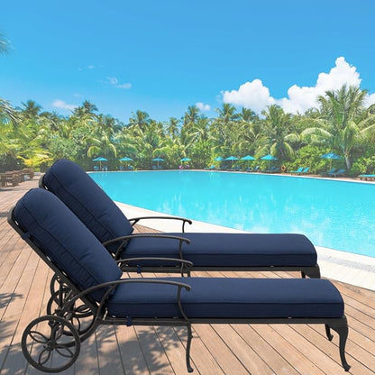 Chaise Lounge Outdoor Chair with Wheels, Adjustable Reclining Rust-Resistant Aluminum Cast Poolside Chaise Lounge Furniture Set of 2, Waterproof Denim Blue Cushion