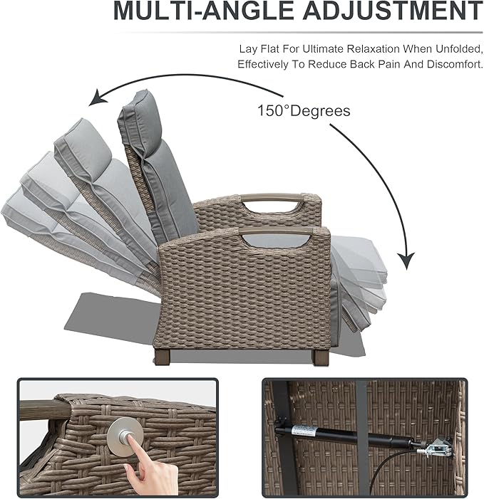 Domi Outdoor Recliner Chair, Patio Recliner with Hand-Woven Wicker, Flip Table Push Back, Adjustable Angle, Thickness Cushions, Reclining Lounge Chair for Indoor & Outdoor Use, Grey