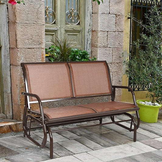 LDAILY LUARANE Swing Glider Chair, Heavy-Duty Steel Frame 2-Person Outdoor Swing Bench, Sliding Rocker Double Seat Suitable for Backyard, Garden, Poolside, Lawn (Brown)