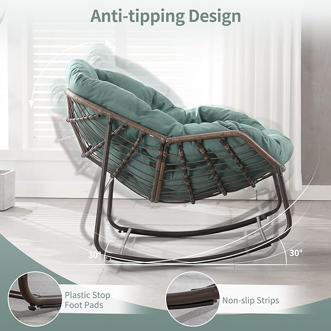 HOMEFUN Outdoor Patio Rocking Chairs Set of 2, Oversized Papasan Rock Chair Indoor with Padded Cushion - Rocker Egg Seat for Front Porch, Garden, Backyard Green