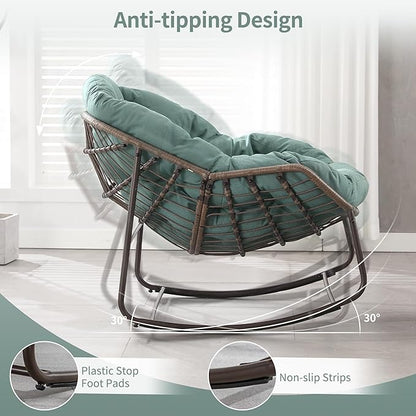 HOMEFUN Outdoor Patio Rocking Chairs Set of 2, Oversized Papasan Rock Chair Indoor with Padded Cushion - Rocker Egg Seat for Front Porch, Garden, Backyard Green