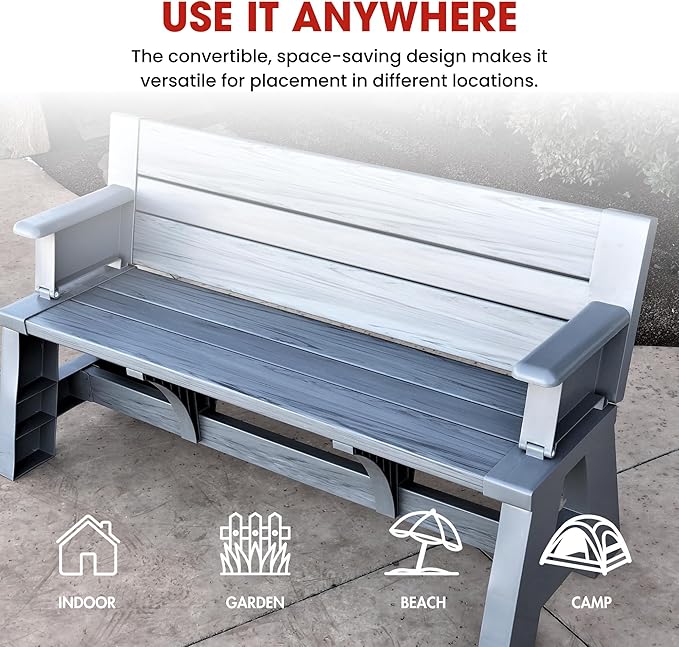 Convert-a-Bench Gen 1 2-in-1 Outdoor Convertible Bench to Picnic Table | Space-Saving, Weather-Resistant Patio Furniture for Yard, Deck, Garden | Easy Assembly & Durable - 1 Bench/Order Platinum Gray