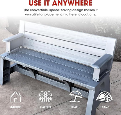 Convert-a-Bench Gen 1 2-in-1 Outdoor Convertible Bench to Picnic Table | Space-Saving, Weather-Resistant Patio Furniture for Yard, Deck, Garden | Easy Assembly & Durable - 1 Bench/Order Platinum Gray