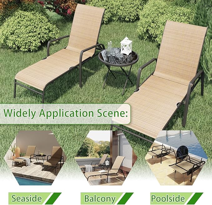 Devoko Patio Chaise Lounges Sets Outdoor Lounge Chairs with Adjustable Backrest & Sturdy Glass Top Coffee Table - Photo 3
