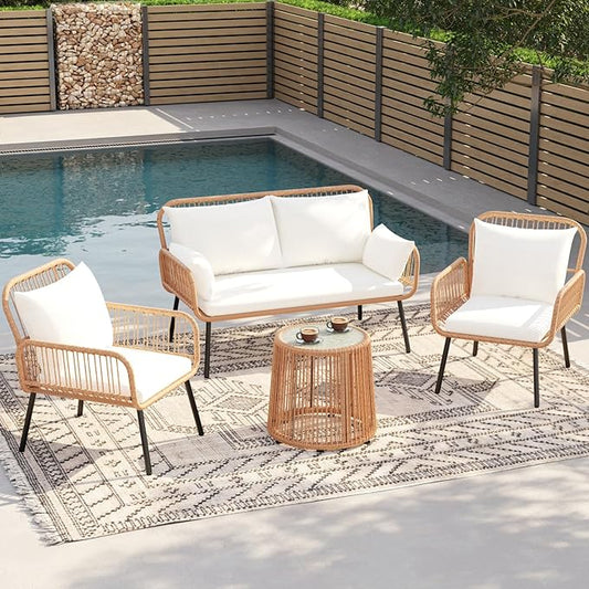Verano Garden 4 Pieces Patio Balcony Furniture Set, Outdoor Wicker Patio Conversation Set, Patio Sectional Table and Chairs Set of 4 with Cushion, Pillow & Table (Cream White, 4PCS Conversation Set)