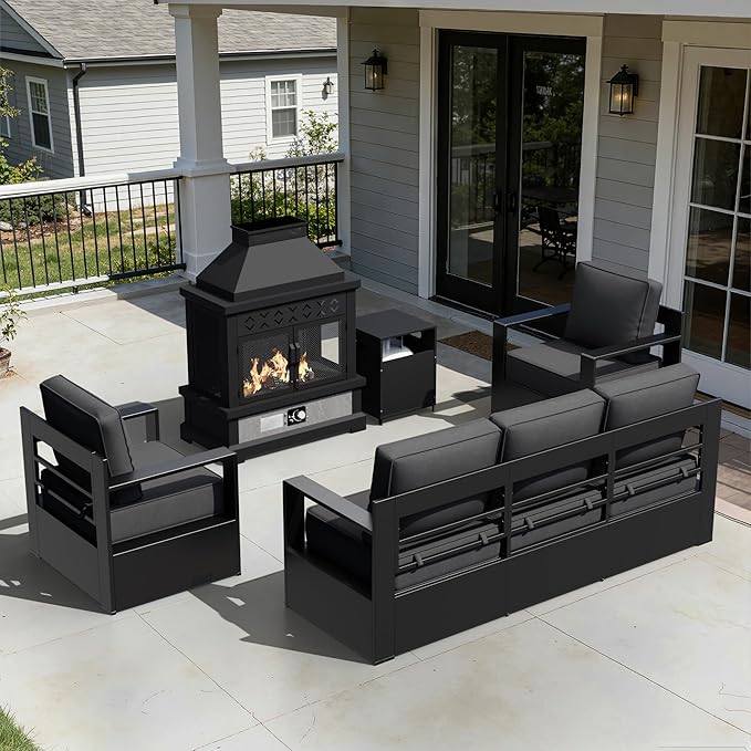 Outdoor Aluminum Furniture Set, 4-Piece Patio Conversation Set, 2 Chairs, 1 Sofa and 1 Fireplace - Photo 9