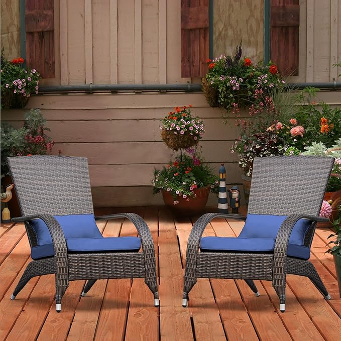 Outdoor Wicker Adirondack Chairs Set 2 Rattan Fire Pit Chairs Oversized Comfy Relax Accent Patio Chairs with Soft Cushion Low Deep Seating Tall Curved Backrest for Outside Backyard Deck Porch Navy