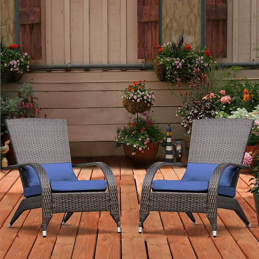 Outdoor Wicker Adirondack Chairs Set 2 Rattan Fire Pit Chairs Oversized Comfy Relax Accent Patio Chairs with Soft Cushion Low Deep Seating Tall Curved Backrest for Outside Backyard Deck Porch Navy