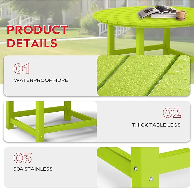 Costaelm Patio Conversation Table, Tatio Accent HDPE Outdoor Weather Resistant, Round Outdoor Porch Balcony Patio Drink Table for Outside, Pool, Backyard, Lime