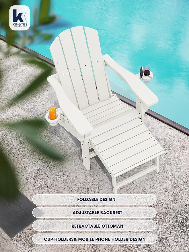 KINGYES Folding Adjustable Adirondack Chair with Ottoman & 2 Cup Holders Set of 4, HDPE Adirondack Recliner Chair with Footrest, White